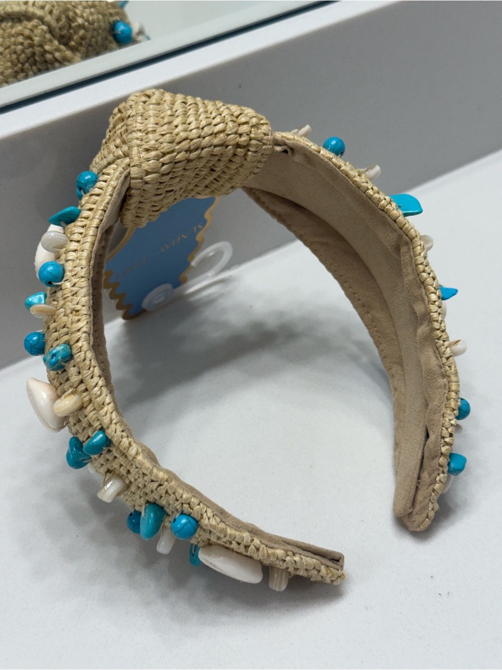 Beaded Straw Headband with Turquoise and Pearl Accents 🐚NWT🐚